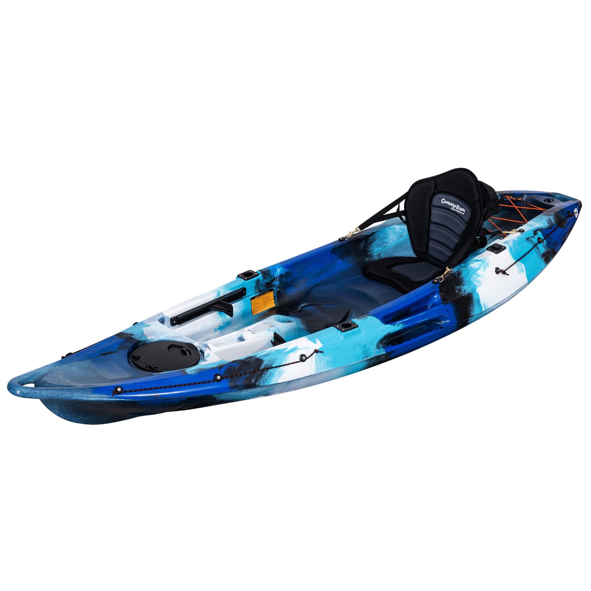 Cambridge Kayaks Quest Single 1+1 Sit-On-Top Kayak in blue camo angled left. Durable two-person kayak designed for leisure and light fishing with stable hull and rear seat.