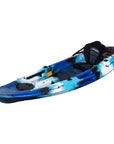 Cambridge Kayaks Quest Single 1+1 Sit-On-Top Kayak in blue camo angled left. Durable two-person kayak designed for leisure and light fishing with stable hull and rear seat.
