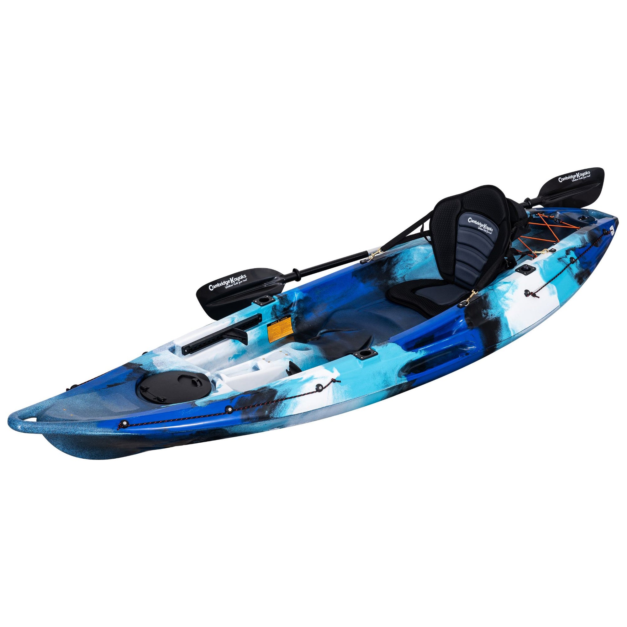 Blue camo Cambridge Kayaks Quest Single 1+1 Sit-On-Top Kayak angled right. Compact, easy-to-maneuver kayak perfect for solo or tandem paddling in calm waters.