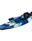 Blue camo Cambridge Kayaks Quest Single 1+1 Sit-On-Top Kayak angled right. Compact, easy-to-maneuver kayak perfect for solo or tandem paddling in calm waters.