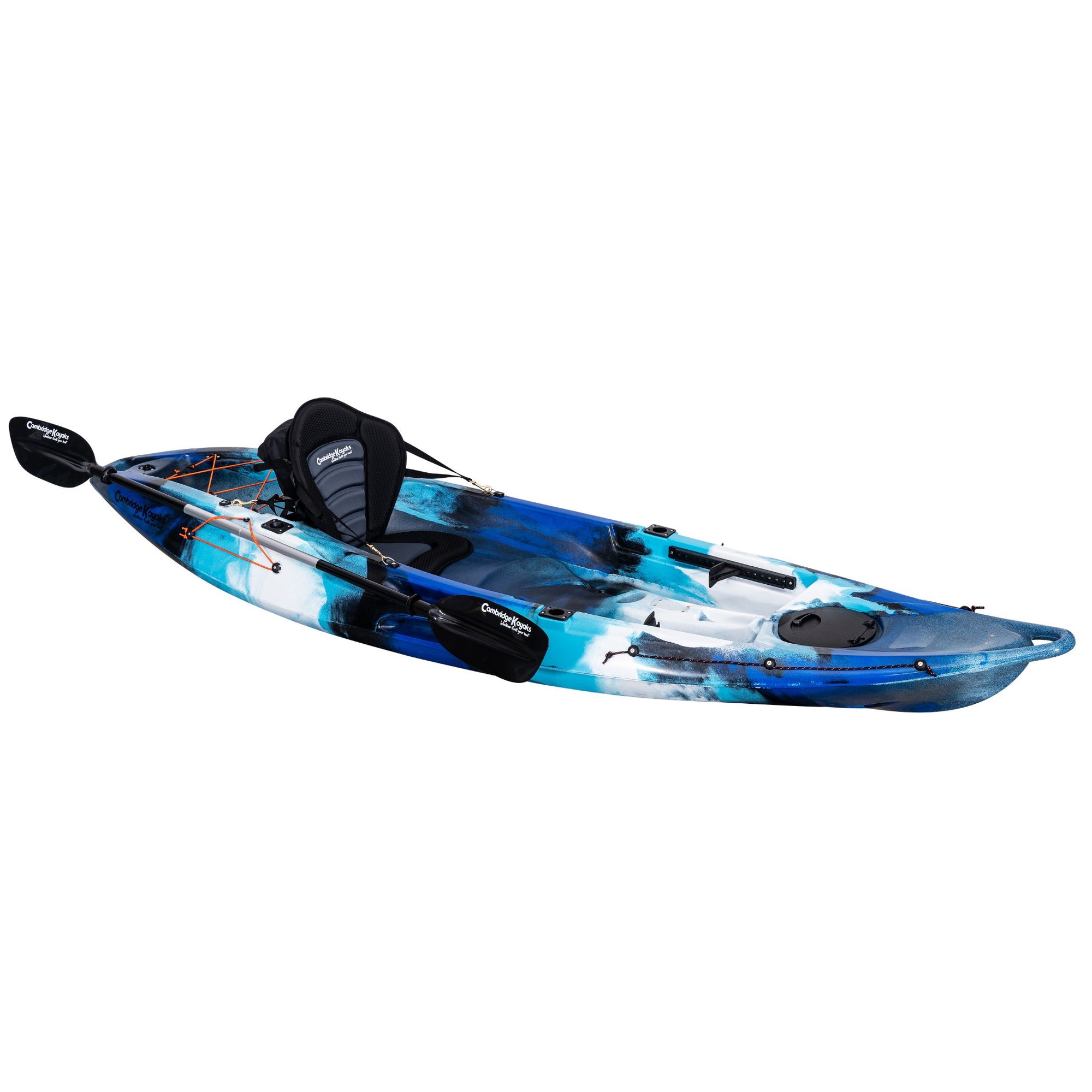 Front angled view of the Cambridge Kayaks Quest Single 1+1 Sit-On-Top Kayak in blue camo. Shows adjustable seating, molded footrests, and wide hull for stability.