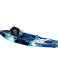 Front angled view of the Cambridge Kayaks Quest Single 1+1 Sit-On-Top Kayak in blue camo. Shows adjustable seating, molded footrests, and wide hull for stability.