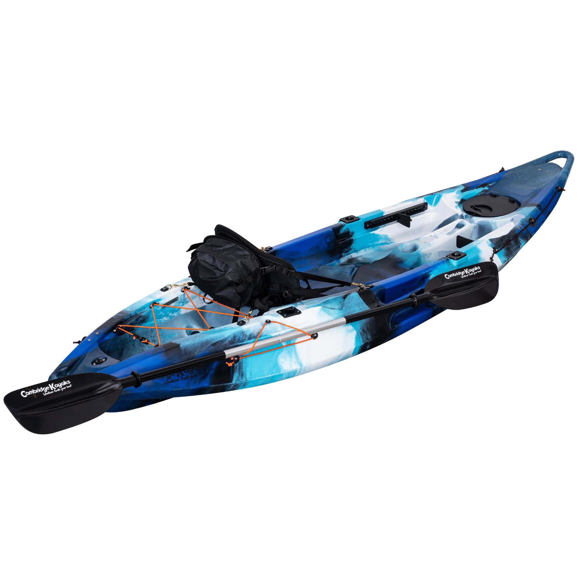 Lifestyle image of the Cambridge Kayaks Quest Single 1+1 Sit-On-Top Kayak in blue camo. Kayak shown on the water with paddler using rear seat position.