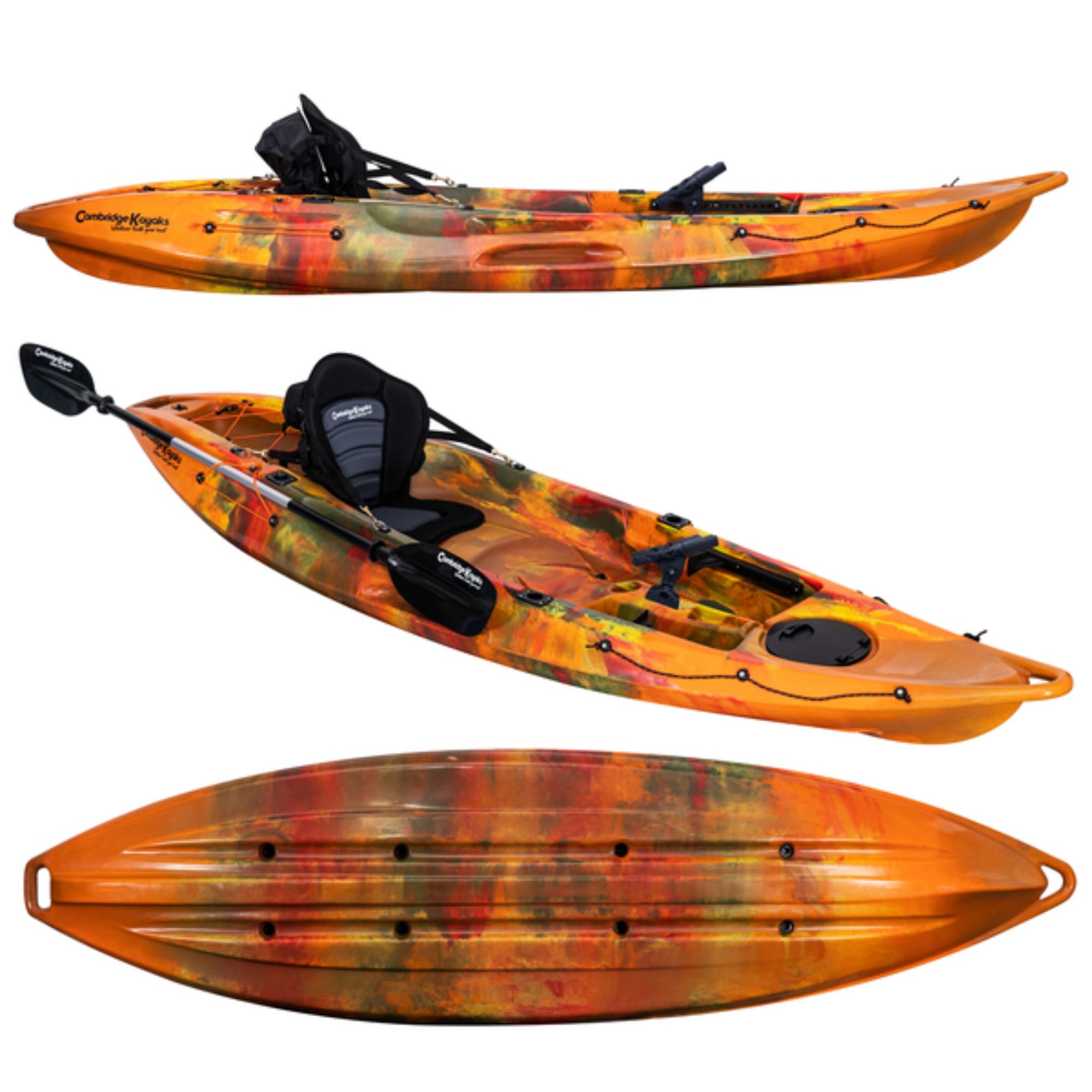 Alternate angled view of the Cambridge Kayaks Quest Single 1+1 Sit-On-Top Kayak in orange camo. Shows front storage, seat positioning, and deck design.
