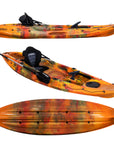 Alternate angled view of the Cambridge Kayaks Quest Single 1+1 Sit-On-Top Kayak in orange camo. Shows front storage, seat positioning, and deck design.