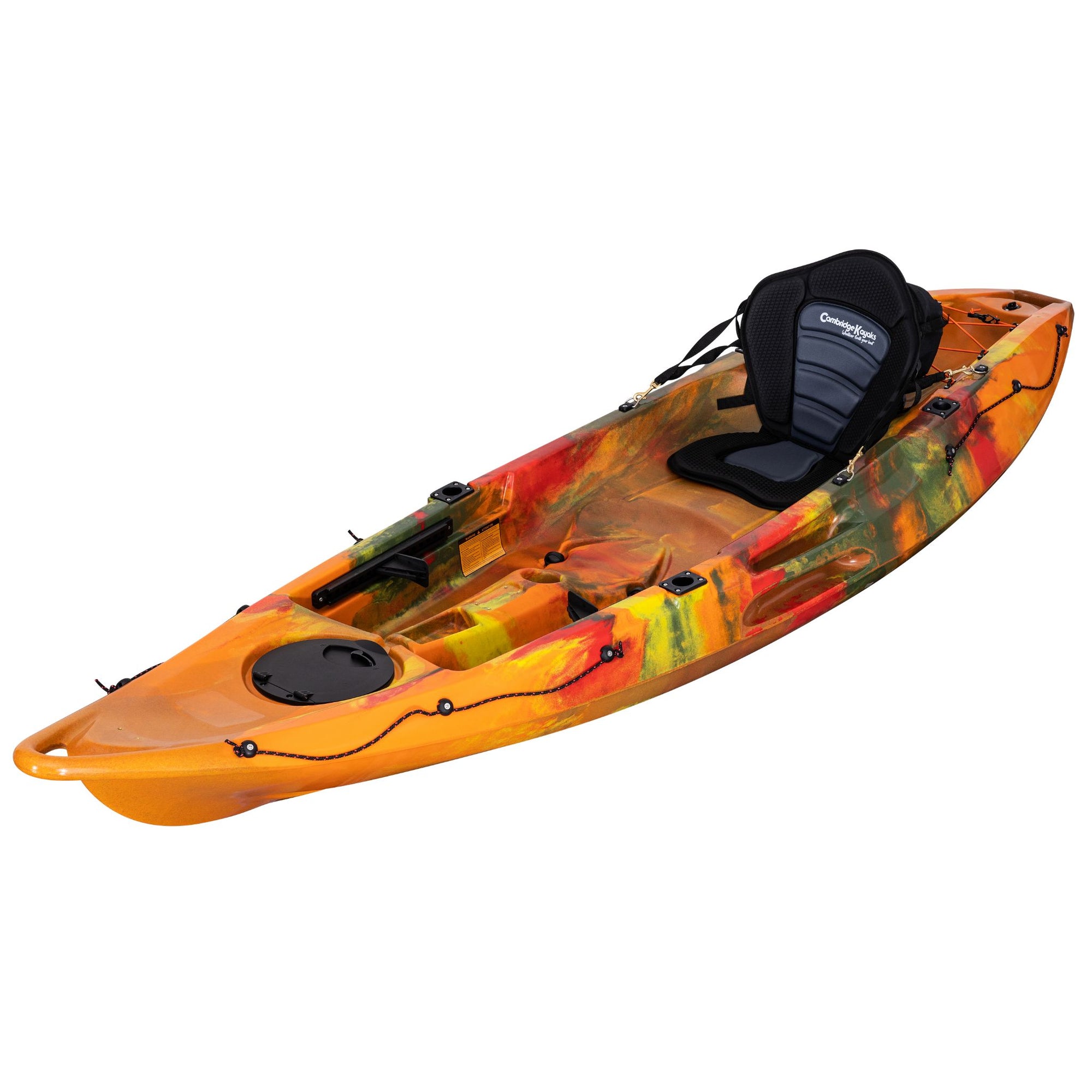 Cambridge Kayaks Quest Single 1+1 Sit-On-Top Kayak in orange camo angled left. Bright, highly visible kayak ideal for family use, fishing, or coastal exploration.