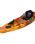 Cambridge Kayaks Quest Single 1+1 Sit-On-Top Kayak in orange camo angled left. Bright, highly visible kayak ideal for family use, fishing, or coastal exploration.