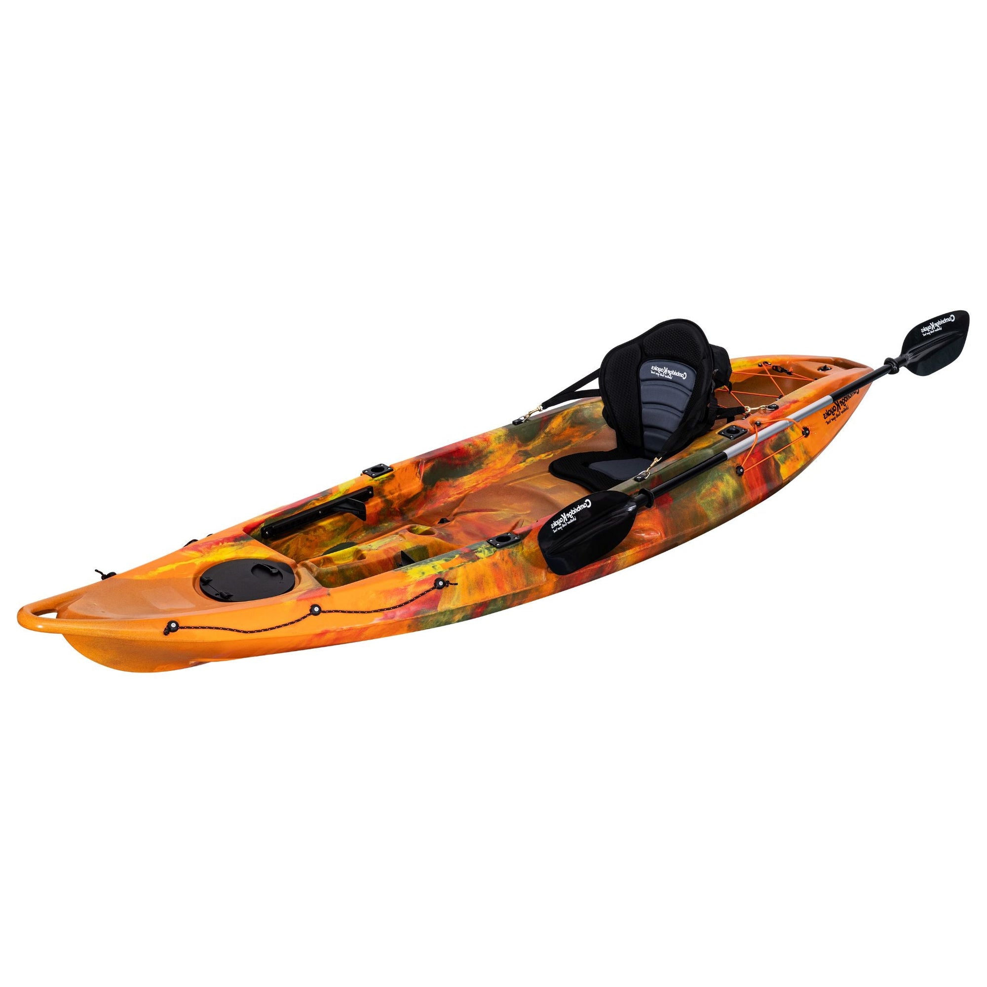 Orange camo Cambridge Kayaks Quest Single 1+1 Sit-On-Top Kayak angled right. Lightweight, durable sit-on-top design offering great balance and comfort.