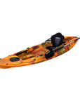Orange camo Cambridge Kayaks Quest Single 1+1 Sit-On-Top Kayak angled right. Lightweight, durable sit-on-top design offering great balance and comfort.