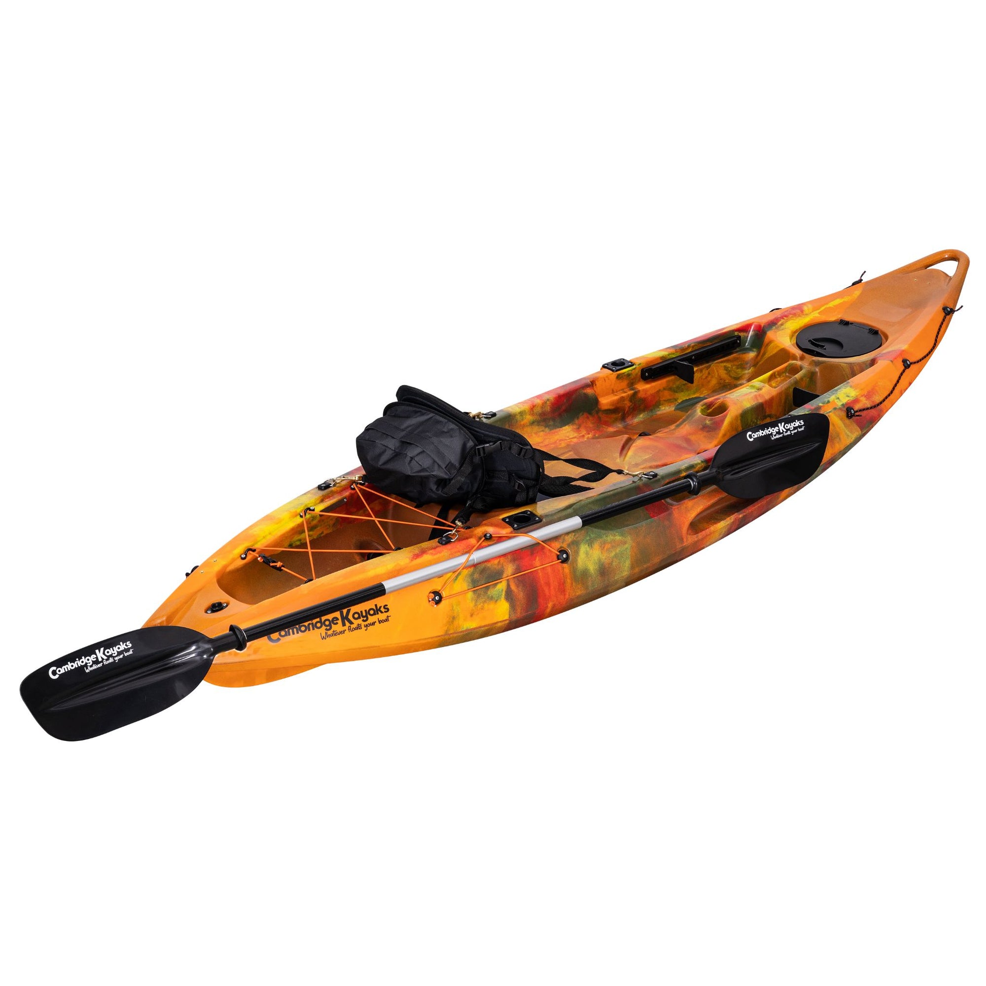 Front angled view of the Cambridge Kayaks Quest Single 1+1 Sit-On-Top Kayak in orange camo. Features molded handles, rod holders, and stable twin hull.