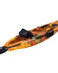 Front angled view of the Cambridge Kayaks Quest Single 1+1 Sit-On-Top Kayak in orange camo. Features molded handles, rod holders, and stable twin hull.
