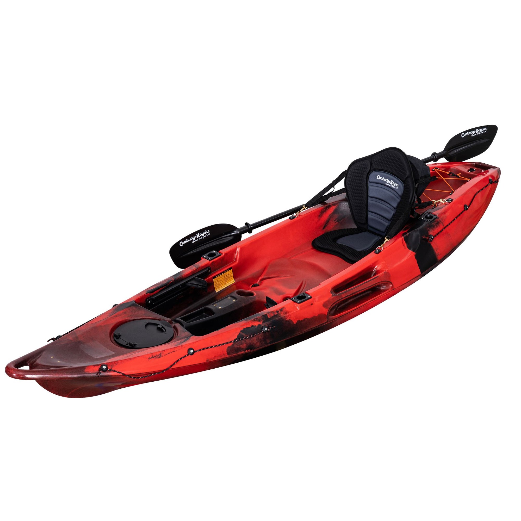 Alternate angled view of the Cambridge Kayaks Quest Single 1+1 Sit-On-Top Kayak in red black camo. Highlights hull shape, rear carry handle, and seat configuration.