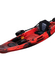 Alternate angled view of the Cambridge Kayaks Quest Single 1+1 Sit-On-Top Kayak in red black camo. Highlights hull shape, rear carry handle, and seat configuration.