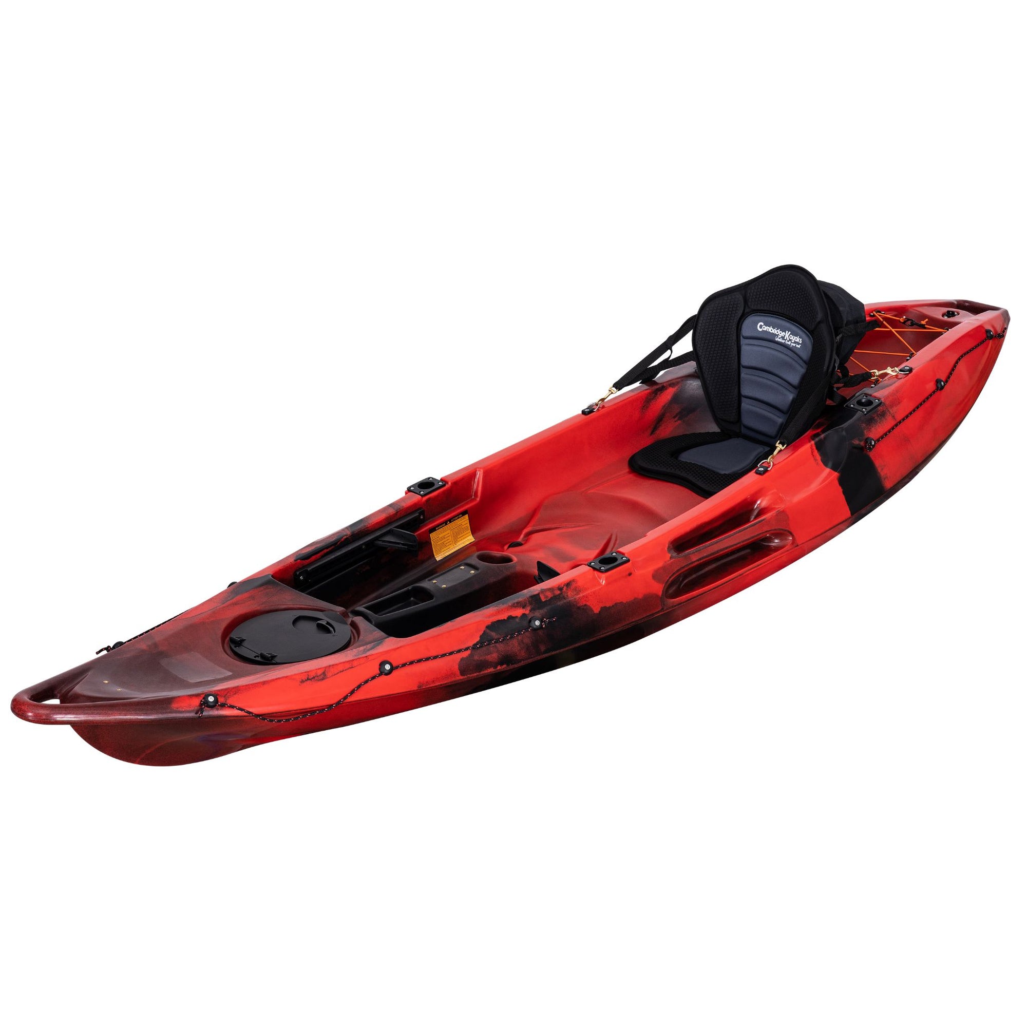 Cambridge Kayaks Quest Single 1+1 Sit-On-Top Kayak in red black camo angled left. Eye-catching fishing and leisure kayak built for both speed and control.