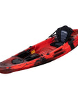 Cambridge Kayaks Quest Single 1+1 Sit-On-Top Kayak in red black camo angled left. Eye-catching fishing and leisure kayak built for both speed and control.