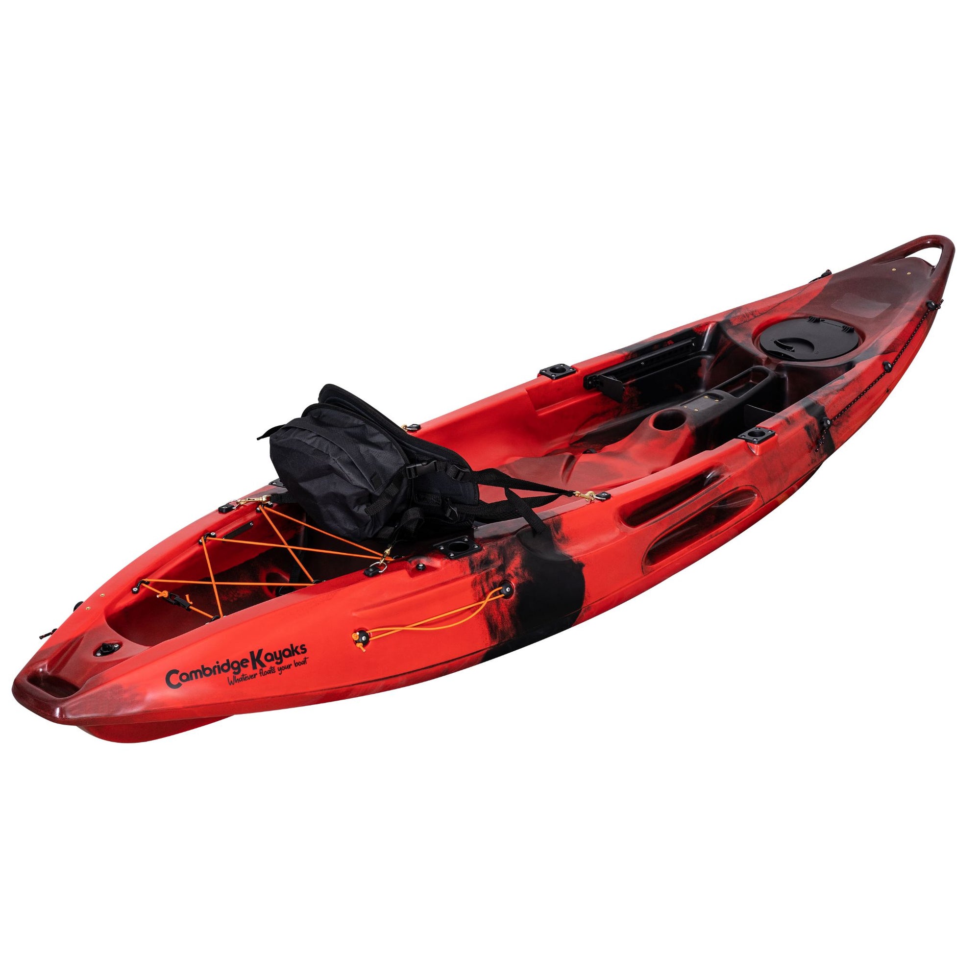 Red black camo Cambridge Kayaks Quest Single 1+1 Sit-On-Top Kayak angled right. Durable dual-seat kayak for recreational use and short fishing trips.