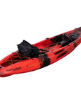 Red black camo Cambridge Kayaks Quest Single 1+1 Sit-On-Top Kayak angled right. Durable dual-seat kayak for recreational use and short fishing trips.