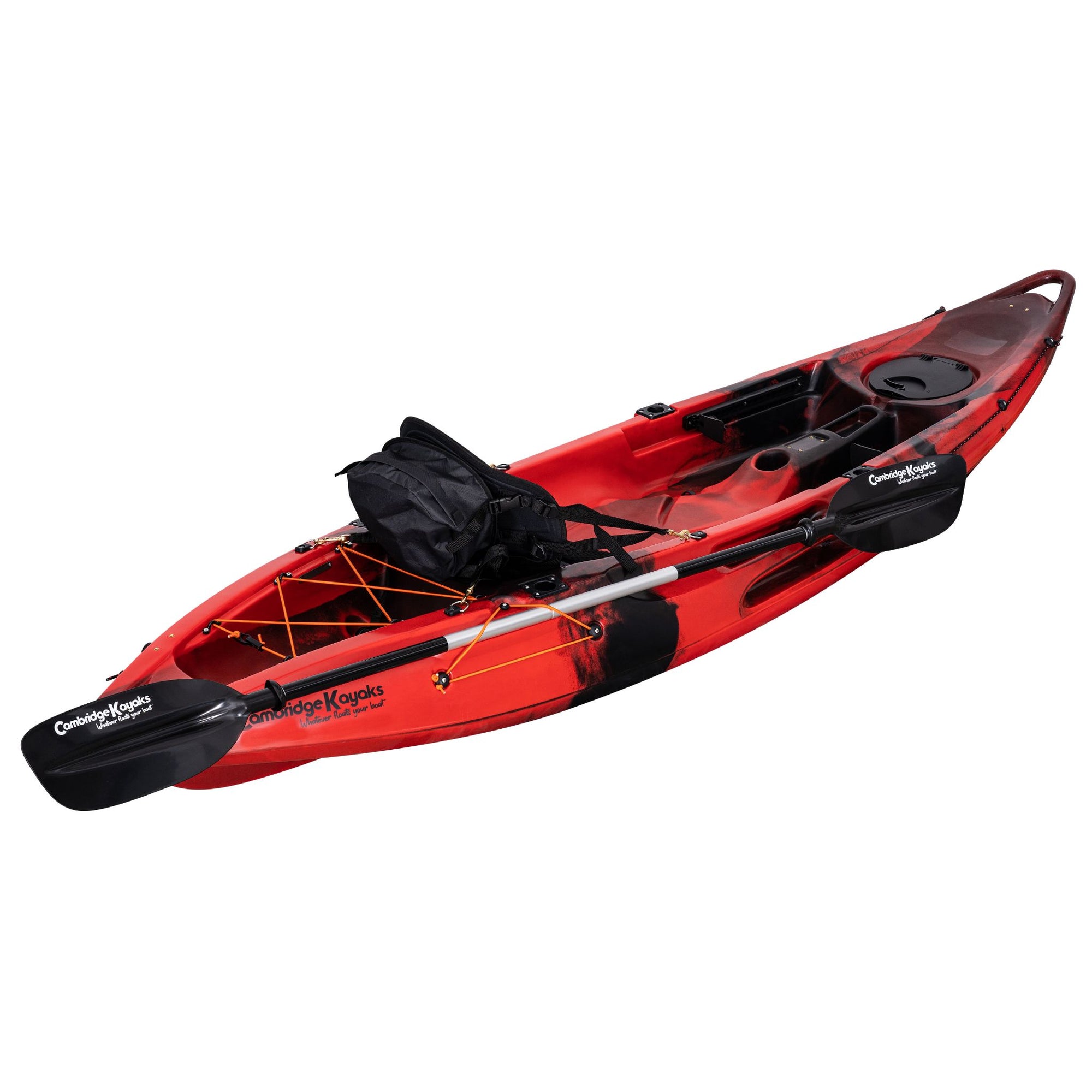 Front angled view of the Cambridge Kayaks Quest Single 1+1 Sit-On-Top Kayak in red black camo. Displays ergonomic seat layout, storage, and footrest system.