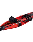 Front angled view of the Cambridge Kayaks Quest Single 1+1 Sit-On-Top Kayak in red black camo. Displays ergonomic seat layout, storage, and footrest system.