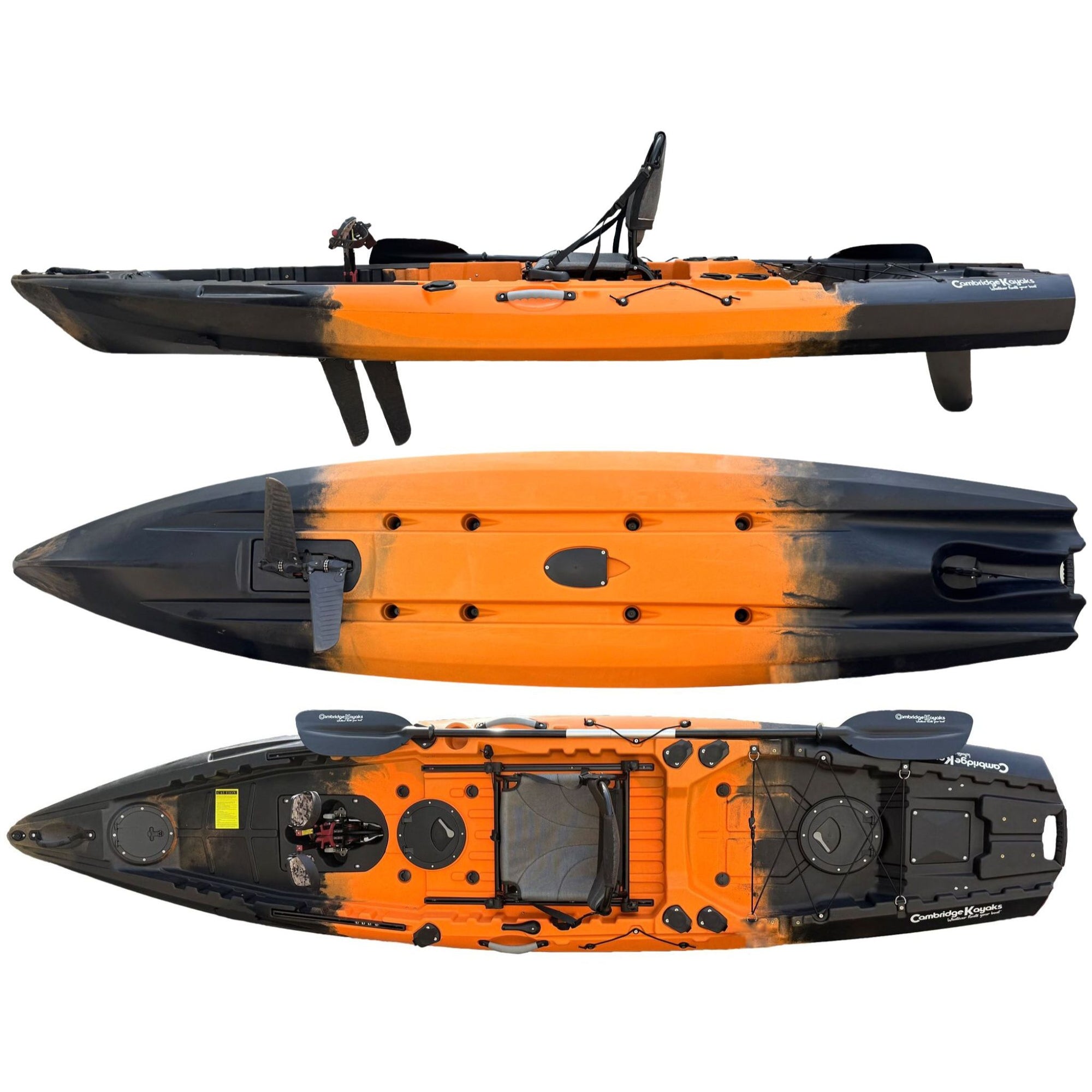 Cambridge Kayaks Raider Pro fishing kayak in black orange fade. Durable and lightweight kayak designed for serious anglers, offering comfort, speed, and stability on all UK waters.