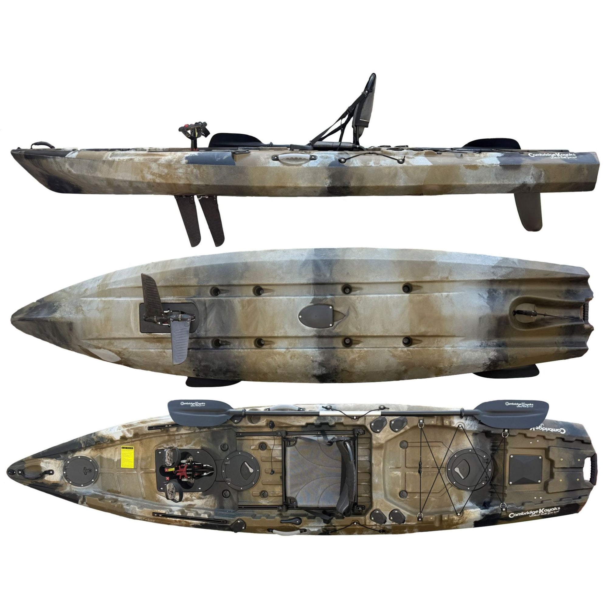 Cambridge Kayaks Raider Pro fishing kayak in desert camo. Tough and stable kayak built for fishing, touring, and leisure paddling, featuring excellent balance and storage space.