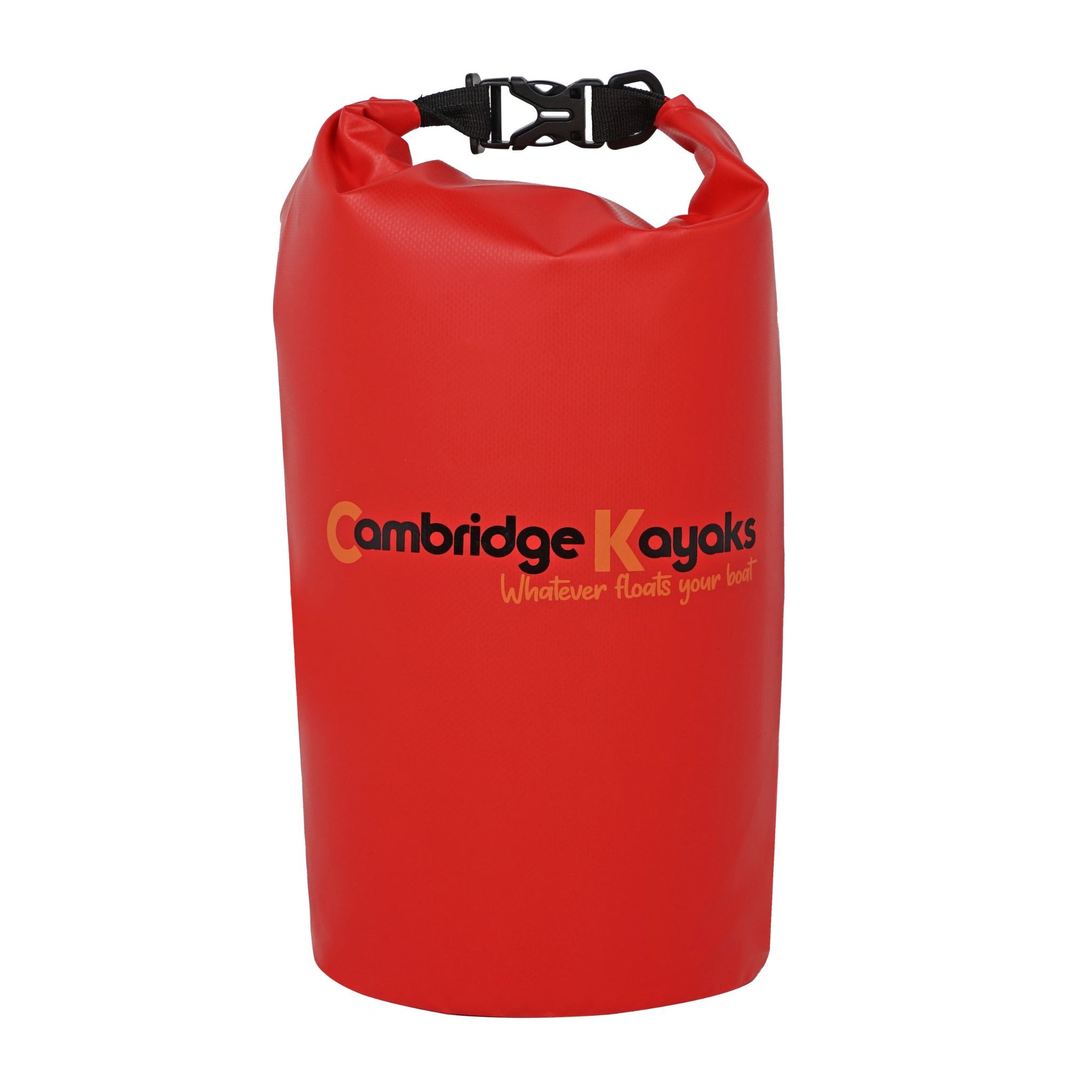 Cambridge Kayaks red 20-litre dry bag featuring a watertight roll-top seal, tough PVC shell, and adjustable shoulder strap. Designed for keeping clothes and electronics completely dry while kayaking, canoeing, or hiking in wet conditions.