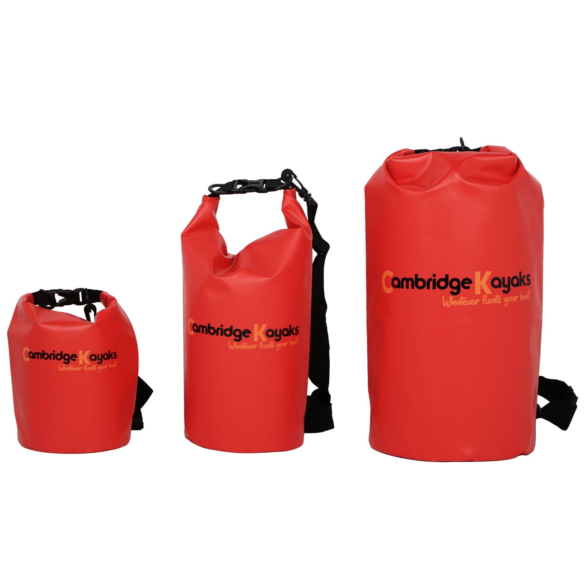 Set of three red Cambridge Kayaks dry bags in 5L, 10L, and 20L sizes, each made from heavy-duty waterproof PVC with reinforced seams. The roll-top design and quick-release buckle keep gear dry while kayaking, camping, or paddleboarding. Each bag features an adjustable shoulder strap for easy transport and compact storage.