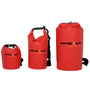 Set of three red Cambridge Kayaks dry bags in 5L, 10L, and 20L sizes, each made from heavy-duty waterproof PVC with reinforced seams. The roll-top design and quick-release buckle keep gear dry while kayaking, camping, or paddleboarding. Each bag features an adjustable shoulder strap for easy transport and compact storage.