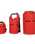 Set of three red Cambridge Kayaks dry bags in 5L, 10L, and 20L sizes, each made from heavy-duty waterproof PVC with reinforced seams. The roll-top design and quick-release buckle keep gear dry while kayaking, camping, or paddleboarding. Each bag features an adjustable shoulder strap for easy transport and compact storage.