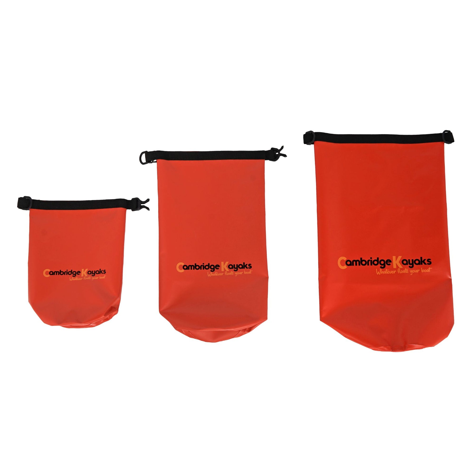 Set of three red Cambridge Kayaks waterproof dry bags displayed upright, each with roll-top sealing and black buckles for secure, watertight protection of belongings.
