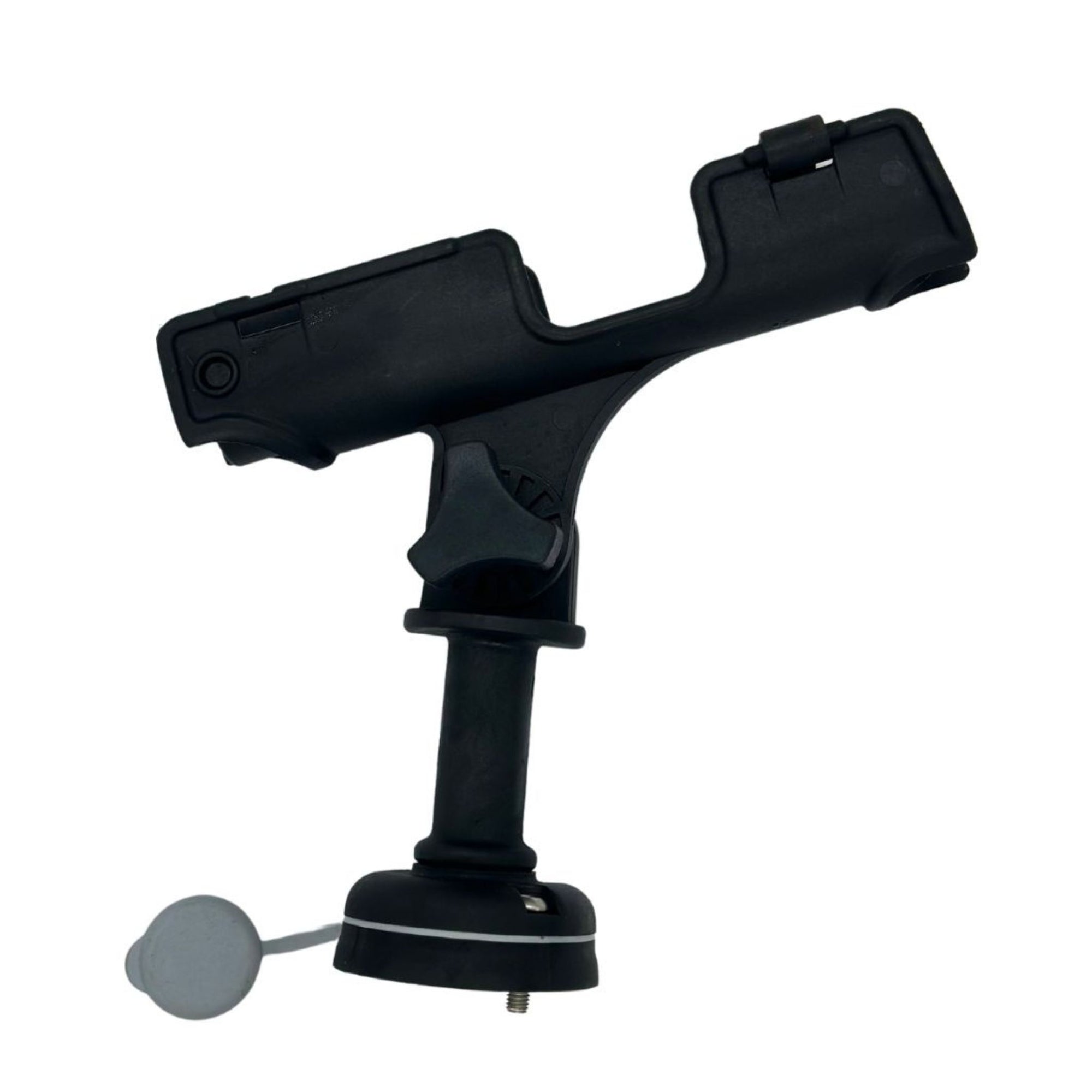 Front-facing angle of the Cambridge Kayaks fishing rod holder attached to its adjustable post mount.