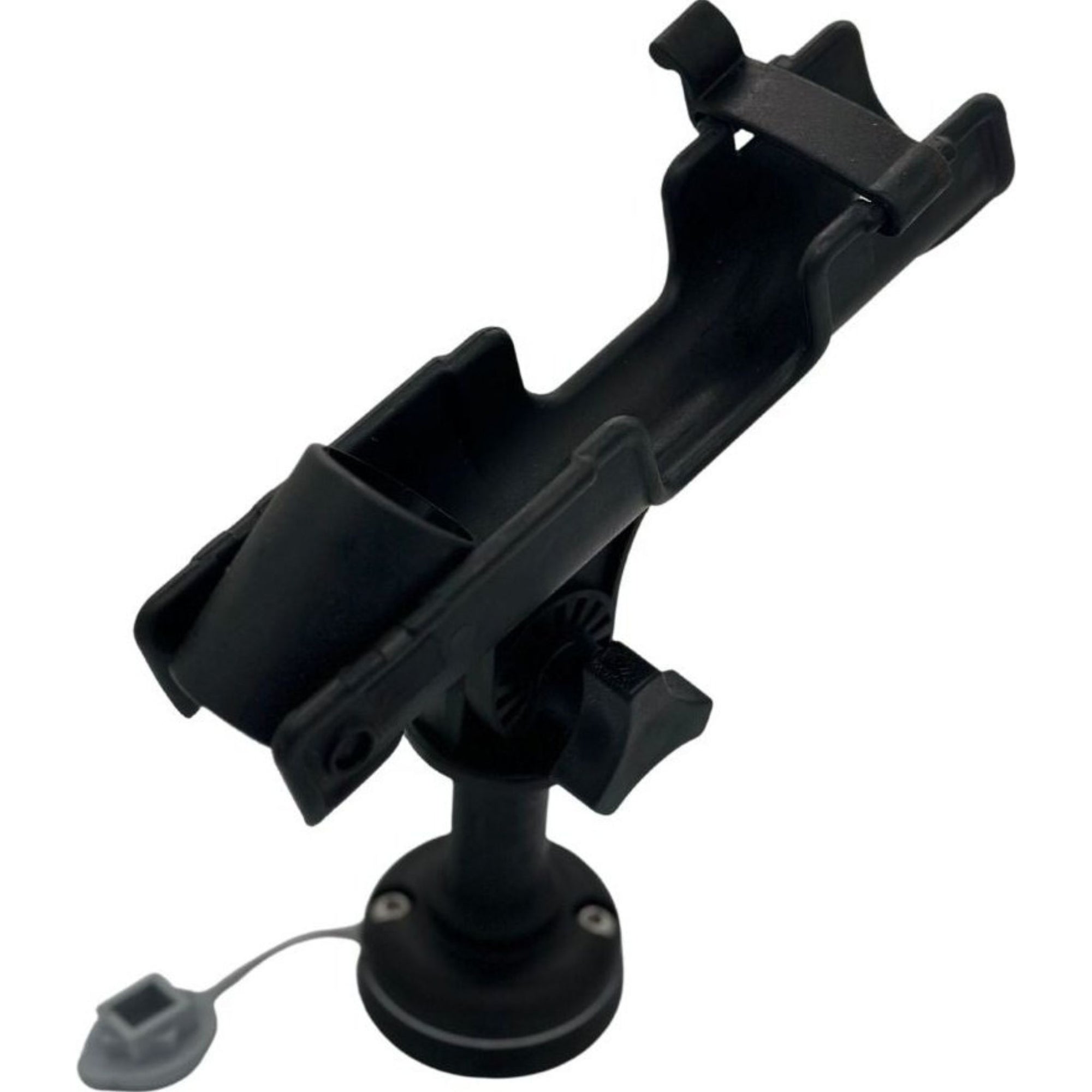 Side angle view of the Cambridge Kayaks fishing rod holder showing the rotating mount and base fitting.