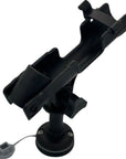 Side angle view of the Cambridge Kayaks fishing rod holder showing the rotating mount and base fitting.