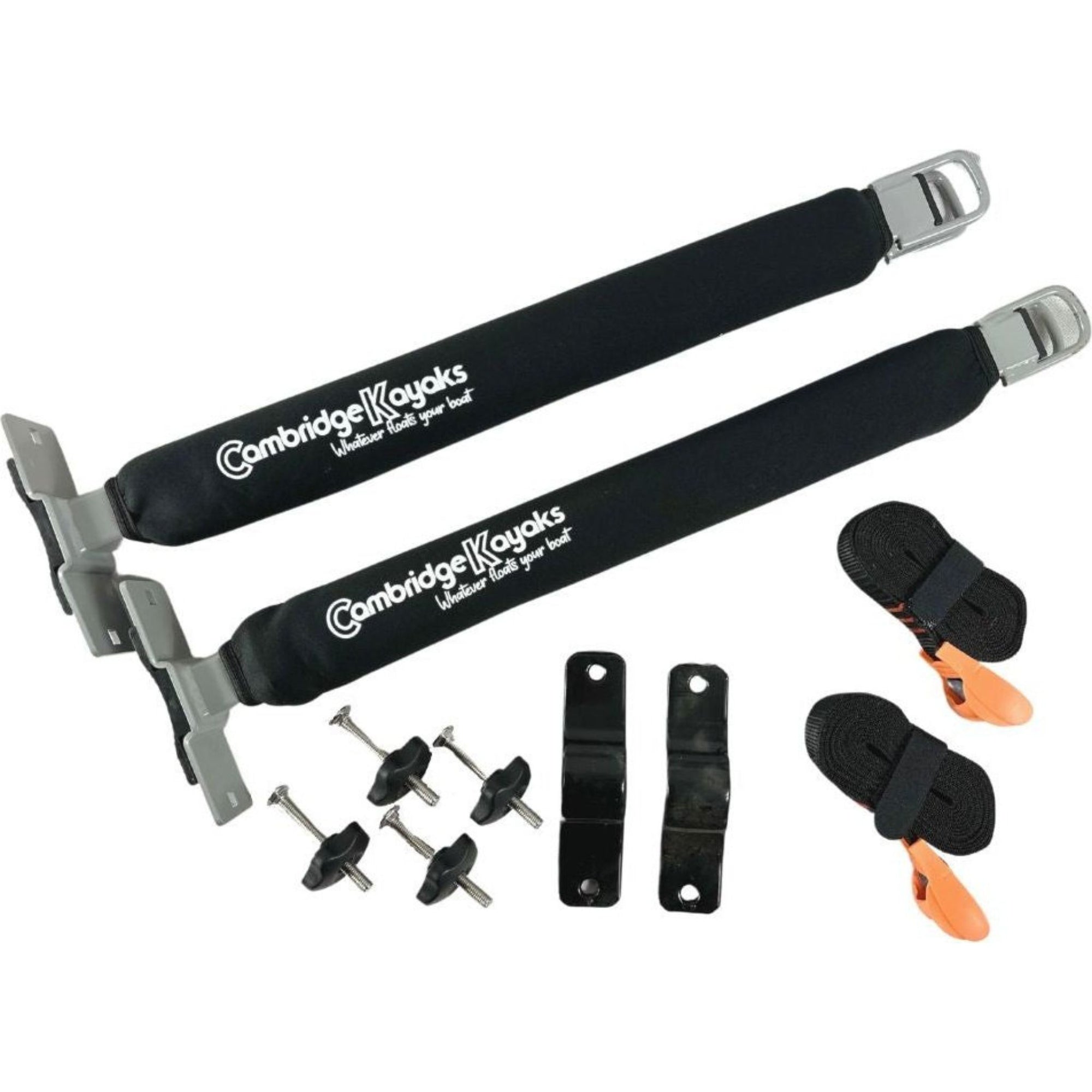 Full Cambridge Kayaks Roof Bar Centre Post kit showing metal posts, padded straps, buckles, and mounting hardware — everything needed for secure kayak roof bar installation.