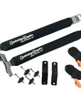 Full Cambridge Kayaks Roof Bar Centre Post kit showing metal posts, padded straps, buckles, and mounting hardware — everything needed for secure kayak roof bar installation.