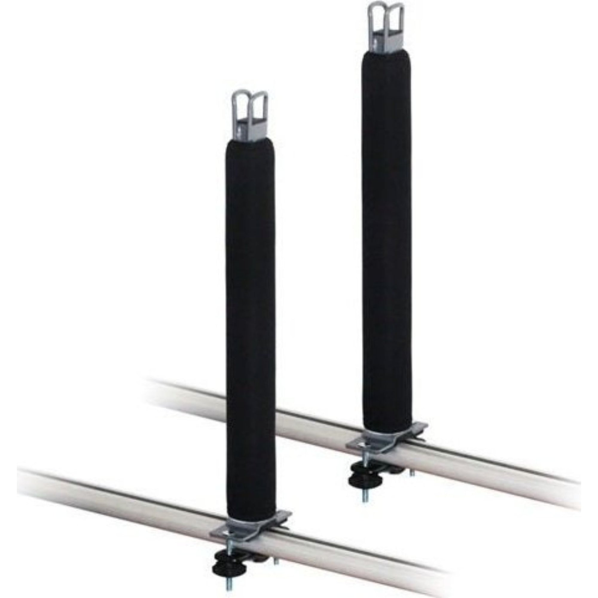 Pair of Cambridge Kayaks Roof Bar Centre Posts attached to vehicle roof bars, demonstrating sturdy upright support for multiple kayaks or boards.