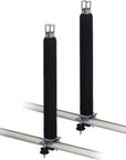 Pair of Cambridge Kayaks Roof Bar Centre Posts attached to vehicle roof bars, demonstrating sturdy upright support for multiple kayaks or boards.