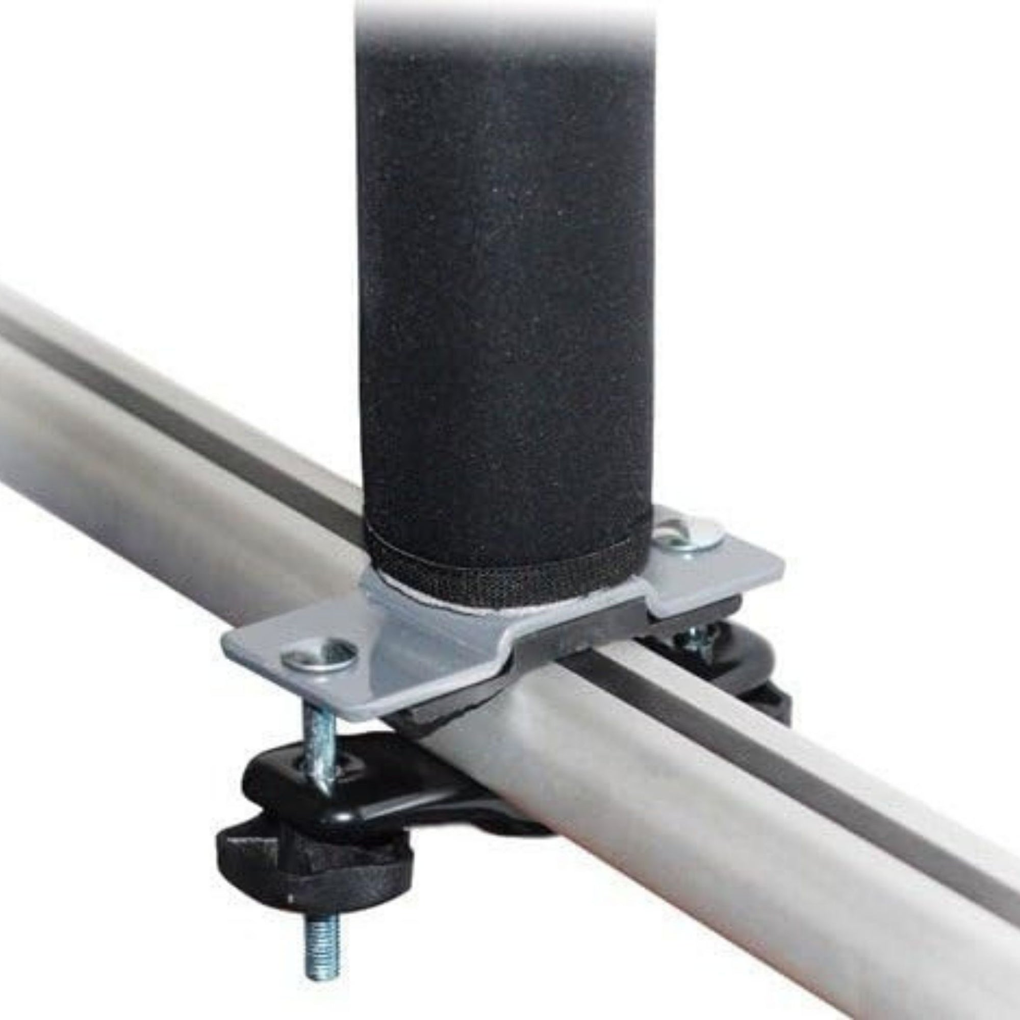 Close-up of a metal rod with a black cylindrical component and mounting hardware on a white background.