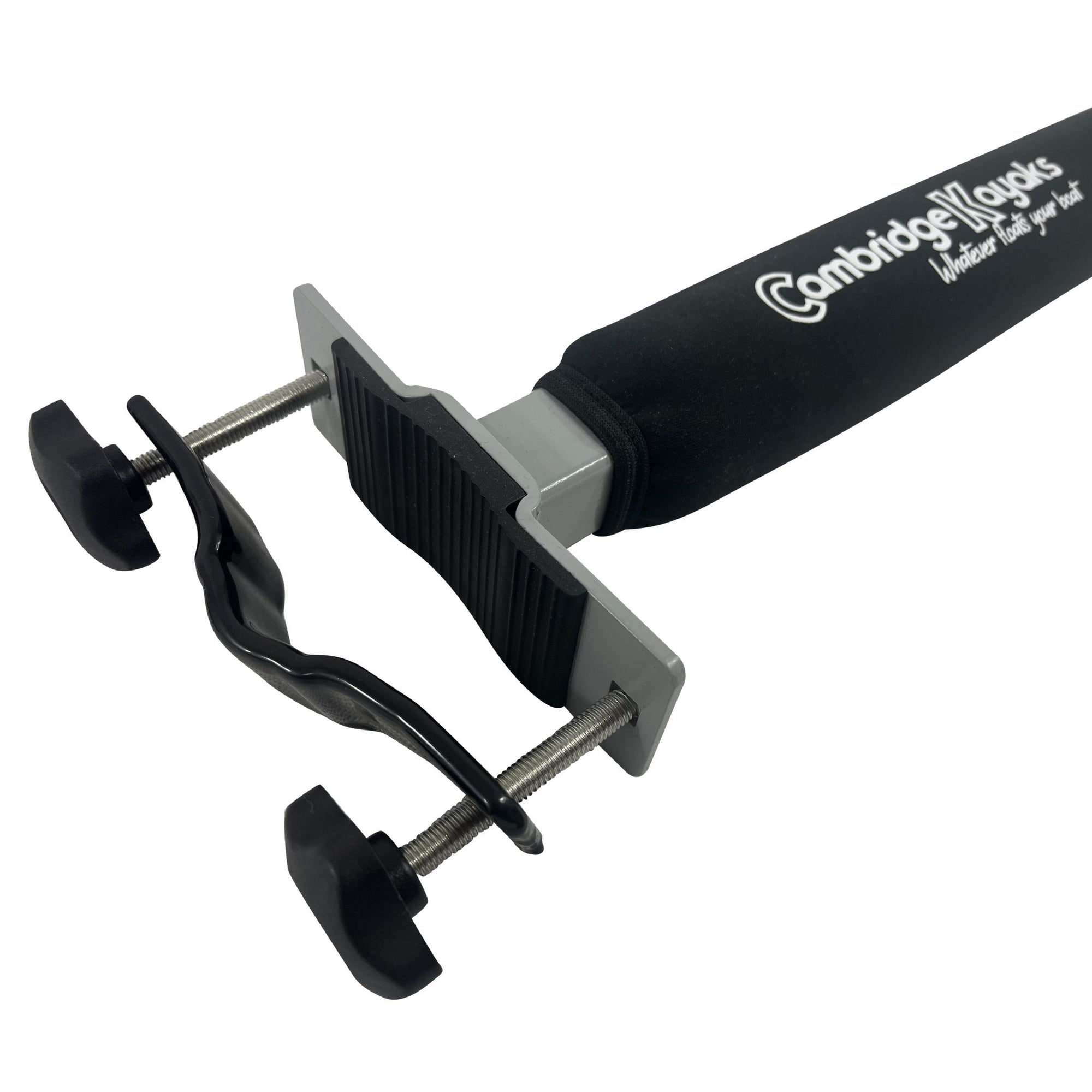 Close-up side view of a single Cambridge Kayaks Roof Bar Centre Post, showing the thick padded sleeve and adjustable securing knob for stable mounting.