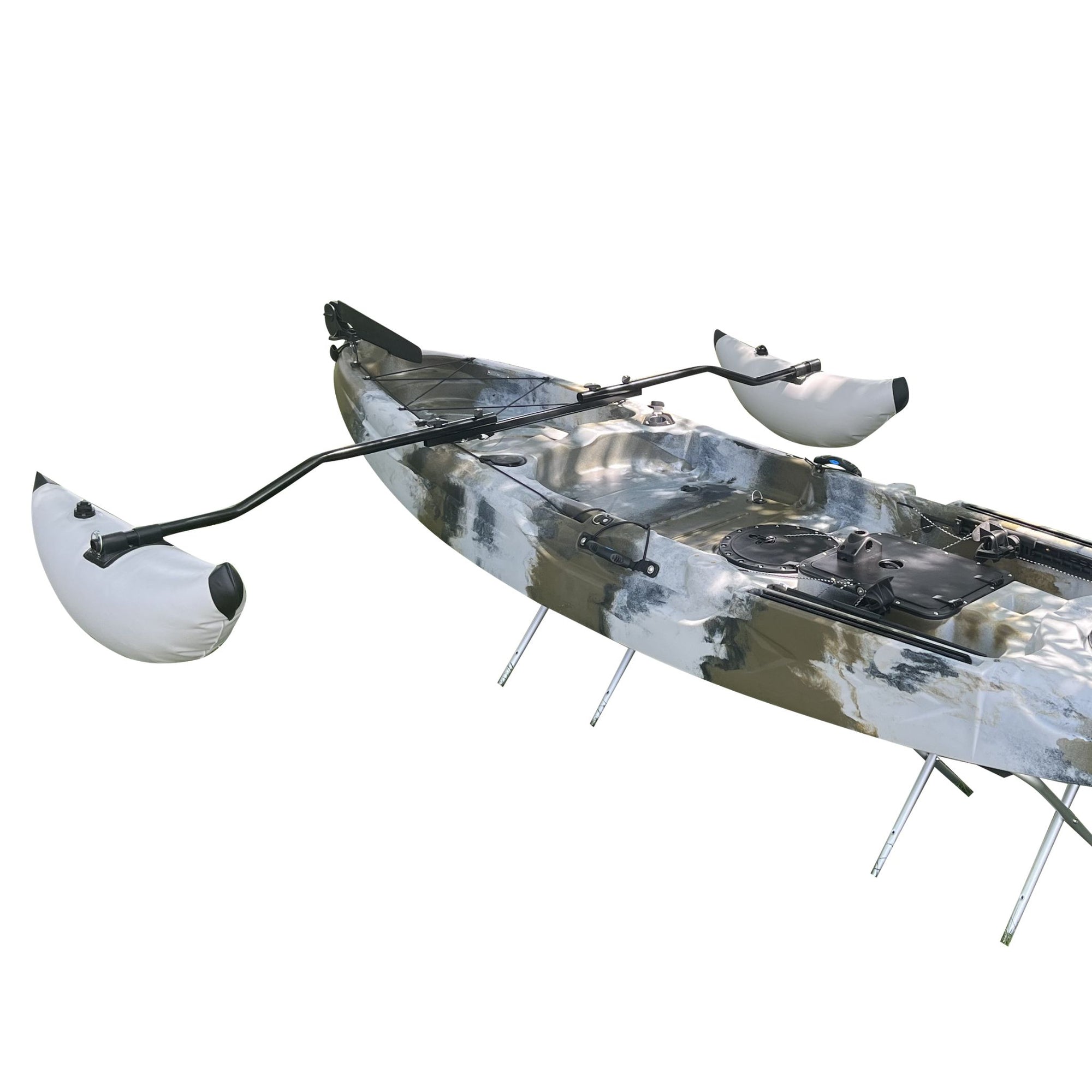 Angled view of the Cambridge Kayaks side floats connected to a kayak, highlighting their width and stabilising position in the water.