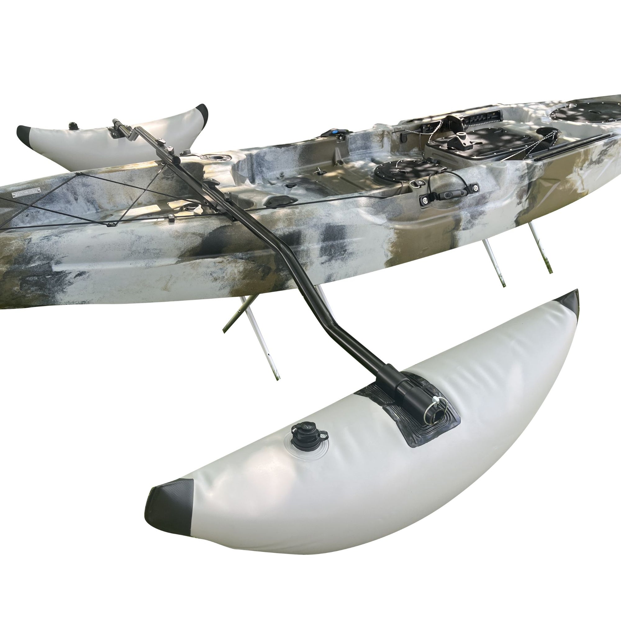 Side view of the Cambridge Kayaks side floats fully installed on a kayak, demonstrating their stability and streamlined fit.