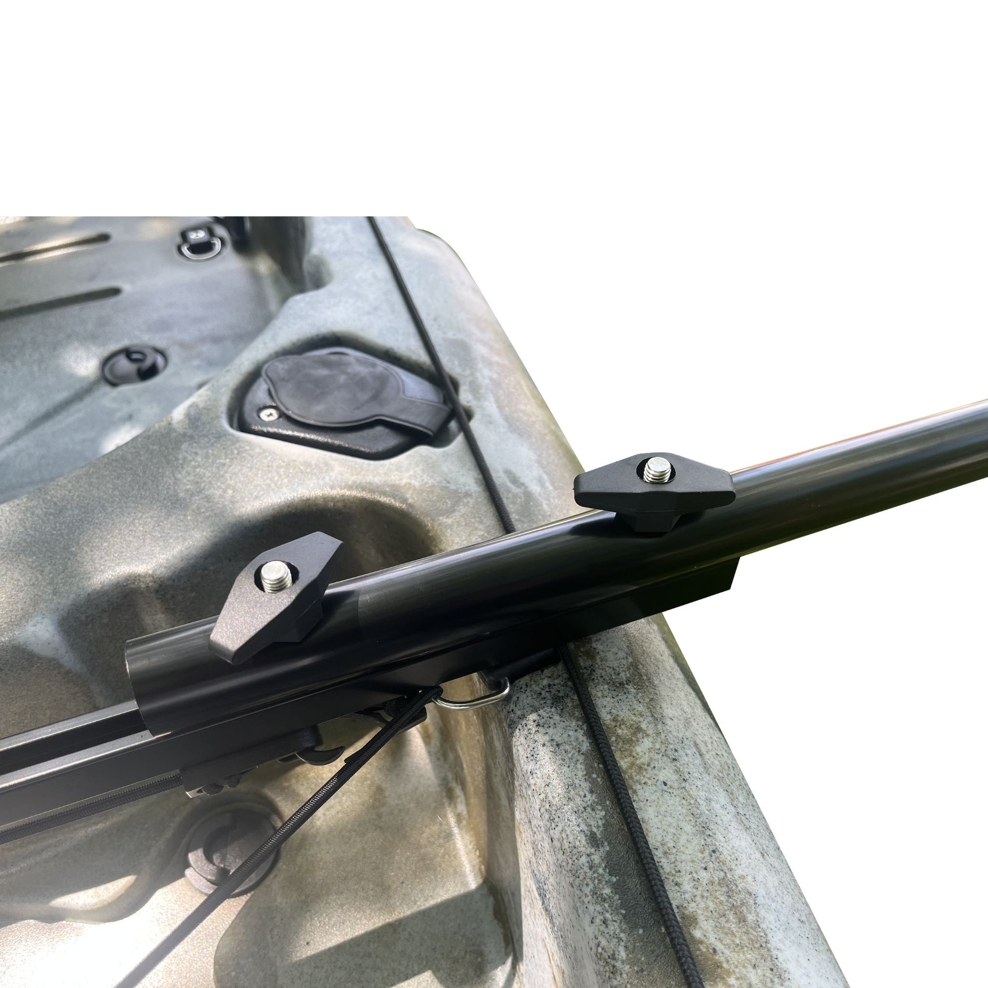 Top view showing how the Cambridge Kayaks side floats attach to the kayak mount and extend outward for balance.