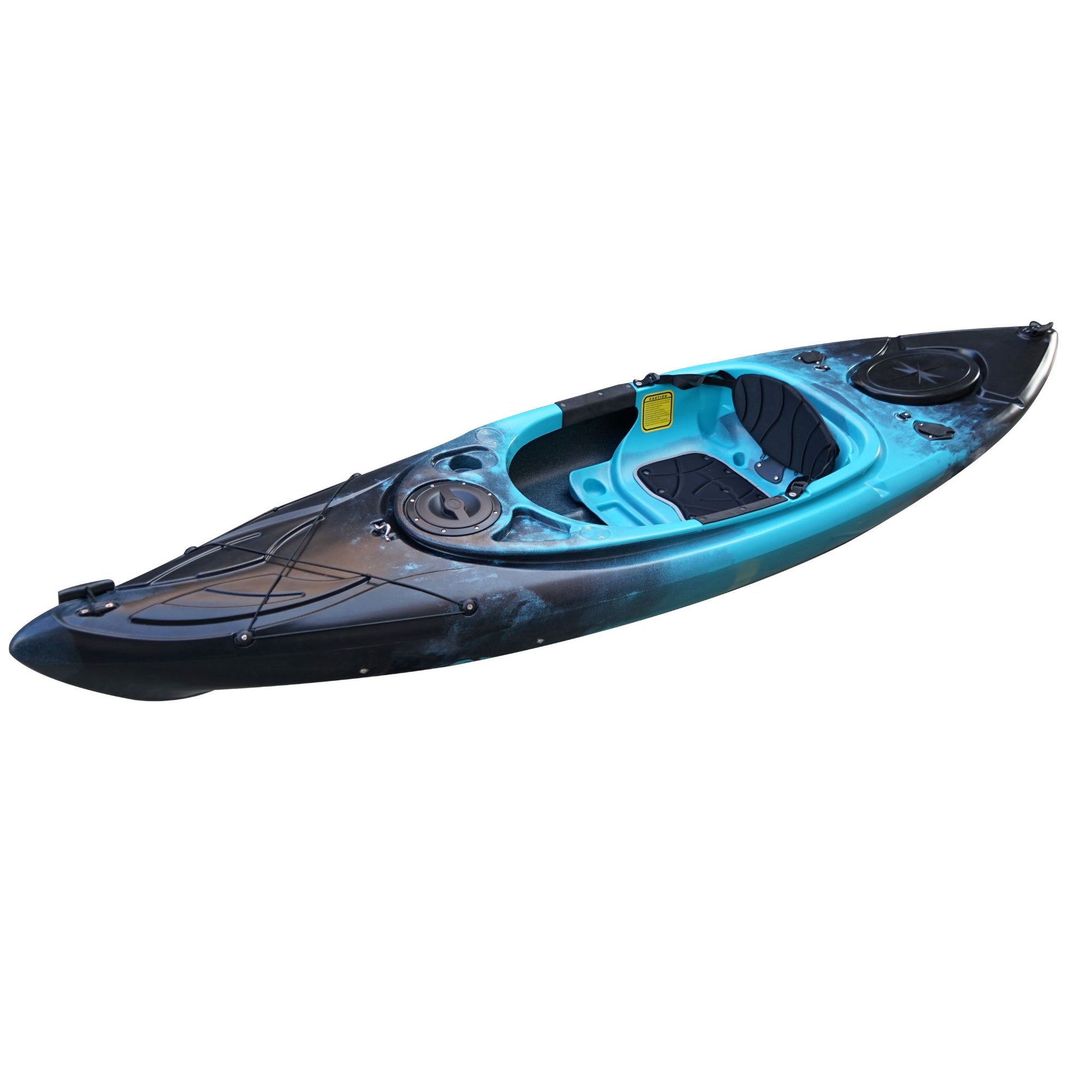 Cockpit view of the Cambridge Kayaks single sit inside leisure fishing kayak in black blue fade, designed for recreational paddling and light fishing trips.