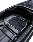 Deck detail of the Cambridge Kayaks single sit inside leisure fishing kayak in black. Highlights front hatch, carry handle, and deck rigging for accessories.