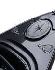 Close-up of the Cambridge Kayaks single sit inside leisure fishing kayak in black. Displays waterproof hatch and front deck fittings for secure storage.