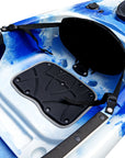 Close-up of the Cambridge Kayaks single sit inside leisure fishing kayak in blue white camo. Displays waterproof hatch and front rigging system.