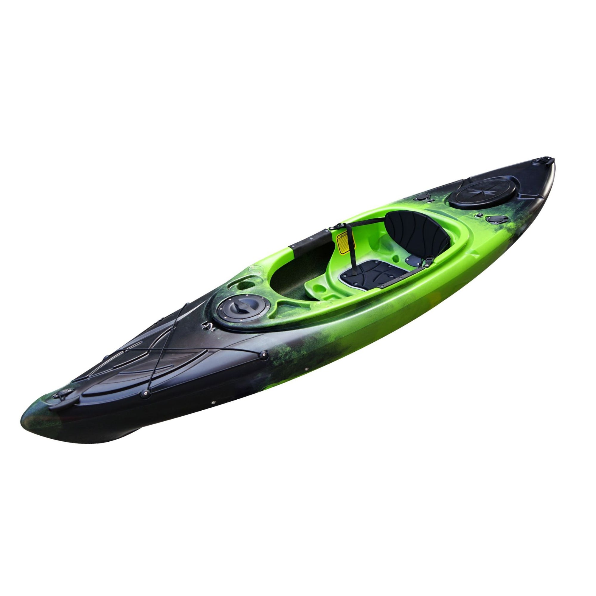 Close-up of the Cambridge Kayaks single sit inside leisure fishing kayak in green black fade, featuring ergonomic cockpit, hatch cover, and footrest layout.