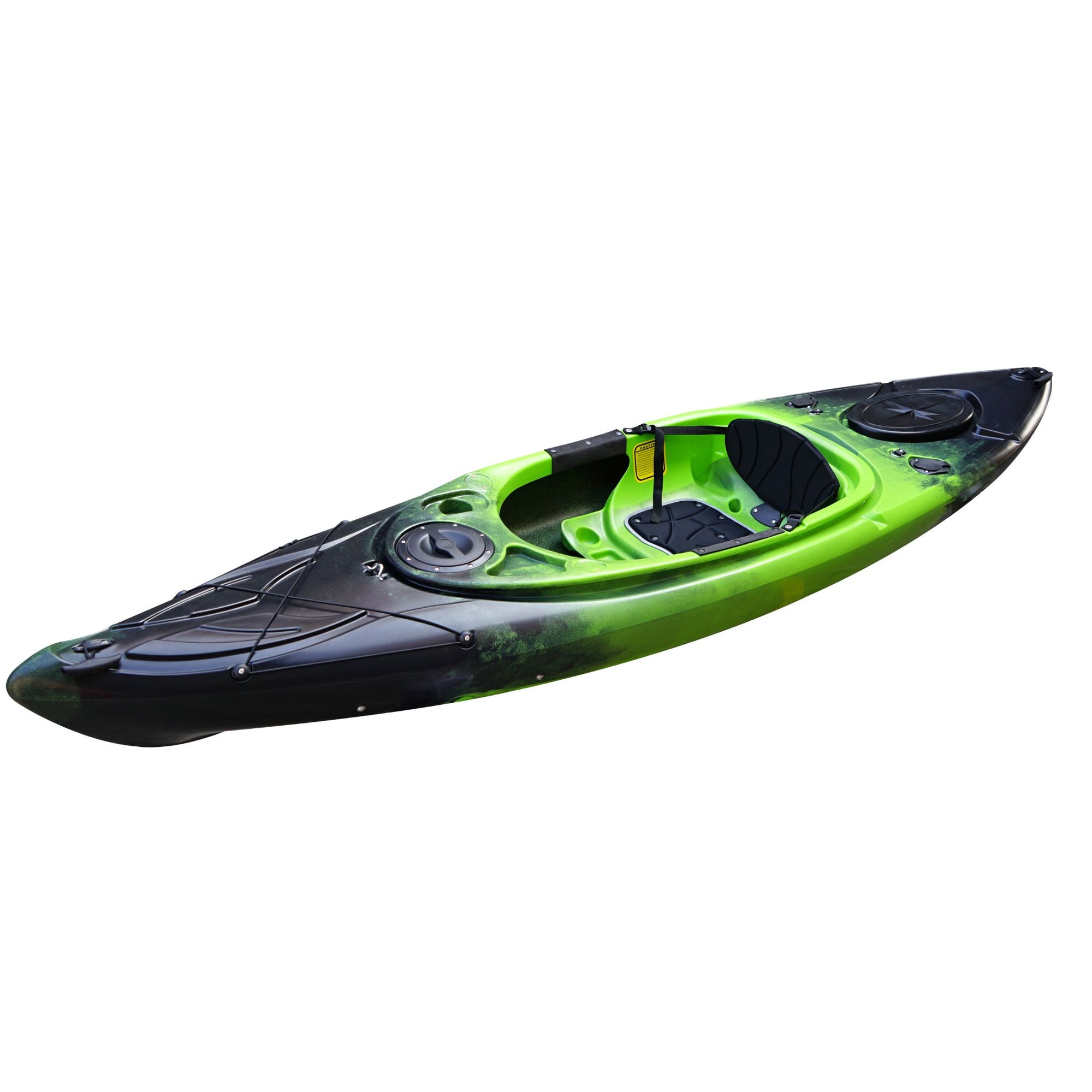 Close-up of the Cambridge Kayaks single sit inside leisure fishing kayak in green black fade, featuring ergonomic cockpit, hatch cover, and footrest layout.