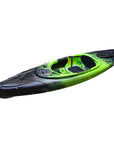Close-up of the Cambridge Kayaks single sit inside leisure fishing kayak in green black fade, featuring ergonomic cockpit, hatch cover, and footrest layout.