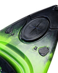 Cambridge Kayaks single sit inside leisure fishing kayak in green black fade, front angled view emphasizing strong dual-tone body for tracking and maneuverability.